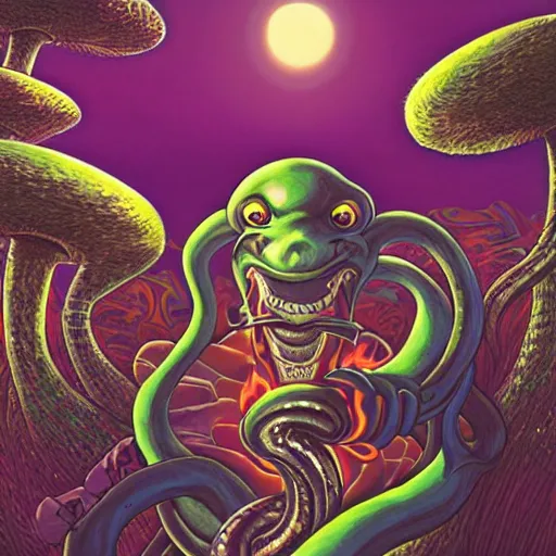 Image similar to A centered chest up portrait of a psychedelic demonic anthropomorphic snake smoking a hand-rolled cigarette smoking heavily , magic mushroom village in background , art by tokyo movie shinsha , award winning. superb resolution. in the art style of junji Ito and greg rutkowski . Detailed Mushroom city in background. Hyper realistic anime. Perfect art. Dalle2