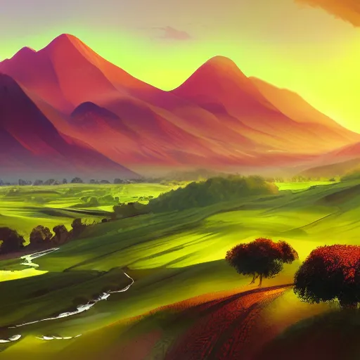 Prompt: A vast green landscape with a river running through it, a small village in the distance and a few mountains in the background. The sun is setting and the sky is ablaze with oranges, reds and yellows. A beautiful, serene and peaceful scene, digital painting, 4k, concept art, artstation, matte painting, by Yuji Kaneko