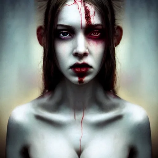 Image similar to high-quality beautifully done centered portrait of a pretty female zombie without a nose and rough pale dirty skin showing a lot of the thin veins underneath, slanted upturned white eyes::trending on artstation, featured on behance::art by Artgerm and Alessio Albi and Heather Theurer::natural lighting, identical eyes, beautiful eyes medium shot, slender symmetrical face and body, hyper-detailed, single face, insanely detailed and intricate