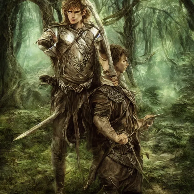 Prompt: handsome elvish warrior in the woods, stream, clouds, grass, forest, trees, facing the woods, lord of the rings style, fantasy, poster, character portrait, portrait, close up, concept art, intricate details, highly detailed, full body, 8 k, detailed face, body