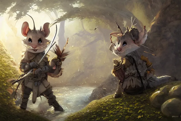 Prompt: dungeons and dragons fantasy painting, portrait of an ashigaru mouse rifleman, whimsical and cute, determined expression, watery eyes, anime inspired by krenz cushart, light grey fur, tufty whiskers, feathered arrows, bamboo forest river, dawn lighting, by brian froud jessica rossier and greg rutkowski