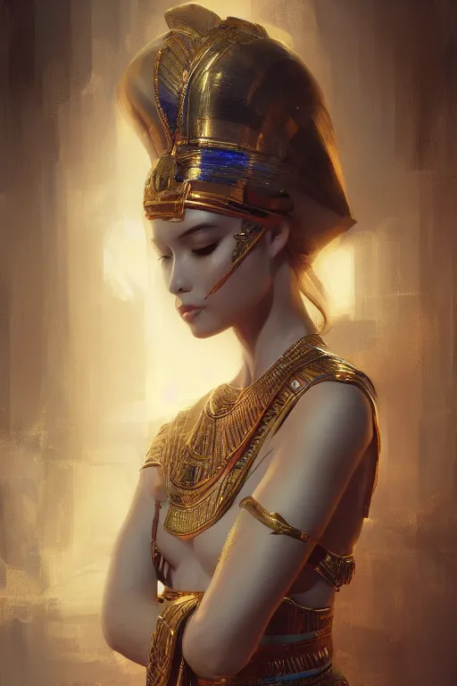 Image similar to egyptian princess, gorgeous, portrait, powerfull, intricate, elegant, volumetric lighting, digital painting, highly detailed, artstation, sharp focus, illustration, ruan jia