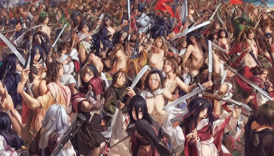 Prompt: jesus christ our lord leading an army of anime girls into battle, photorealistic, anime, mini skirt, long hair, renaissance painting, hyper real, detailed, wide angle shot, ultra detailed