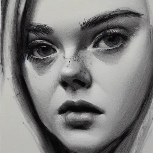 Image similar to professional painting of Elle Fanning in the style of Guy Denning, head and shoulders portrait, symmetrical facial features, smooth, sharp focus, illustration, intricate, stormy weather, extremely detailed masterpiece,