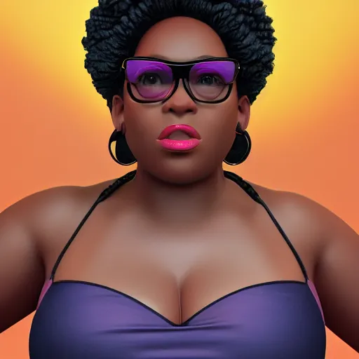 Image similar to high quality, highly detailed, still of black bbw woman in wal-mart, follow shot, 3d, in the style of pixar, comic book style, 3d, highly detailed, 16k resolution, octane renderer, coherent, cinematic lighting