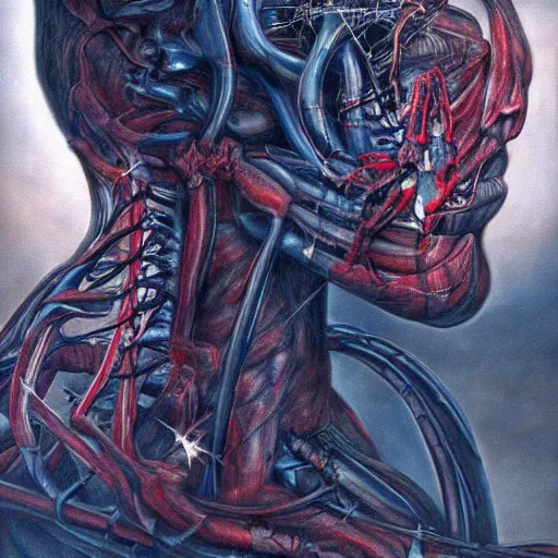 Image similar to the universe is anatomically correct, hyperrealistic rendering, h. r. giger, perfection, red and blue, smoke in air, scary, beautiful, high detail, cinematic