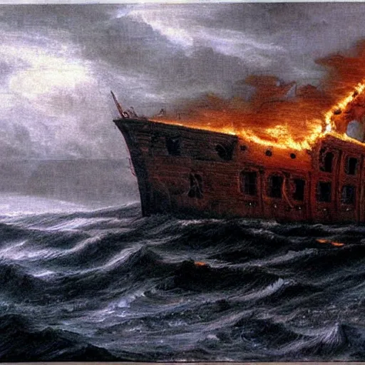 Prompt: An ancient burning ship on a stormy sea