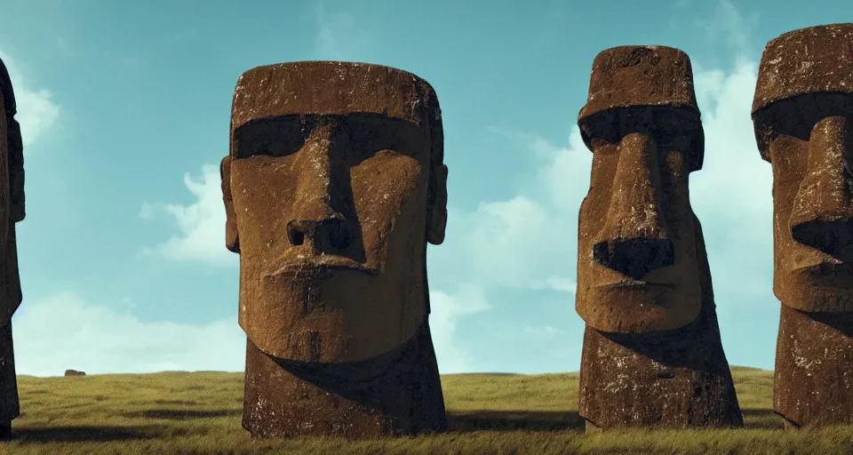 Image similar to Ancient easter island ruins, moai heads, center composition, cinematic, rendered by simon stålenhag, rendered by Beeple, Makoto Shinkai, syd meade, environment concept, digital art, starwars, unreal engine, 3 point perspective, WLOP, trending on artstation, low level, 4K UHD image, octane render,