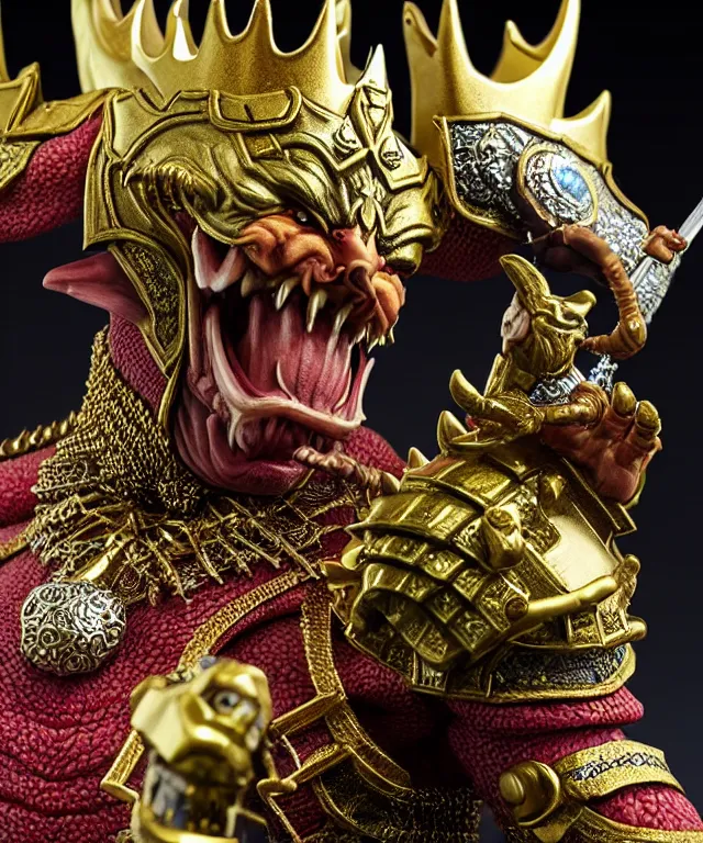 Image similar to hyperrealistic rendering, epic boss fight, ornate king emporer, jewel crown, war armor battle, demon lord, by art of skinner and richard corben, product photography, collectible action figure, sofubi