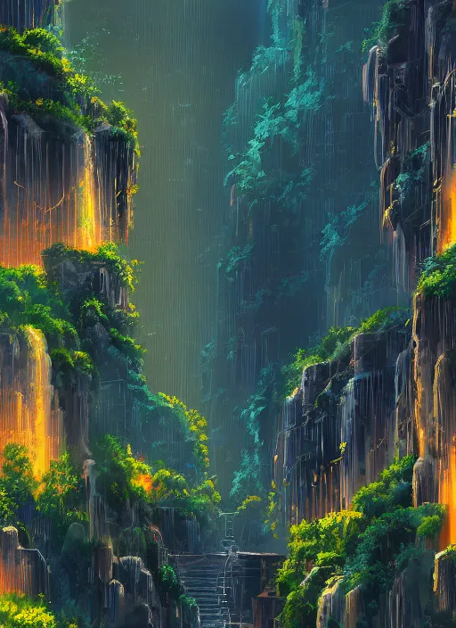 Image similar to city built on terraces in a gigantic canyon, lots of buildings connected by hanging bridges, waterfalls, glow coming from amber veins in the ground, lush vegetation, pitchblack sky, extremly detailed digital painting, in the style makoto shinkai and alena aenami, rim light, beautiful lighting, 8 k, stunning scene, raytracing, octane, trending on artstation