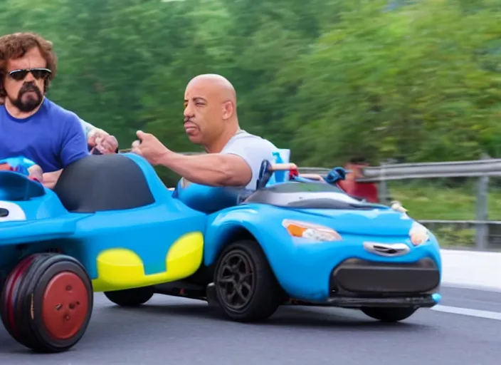 Image similar to peter dinklage drag racing vin diesel driving a little tikes cozy coupe, movie still, from the new tokyo drift movie, 8 k, realistic