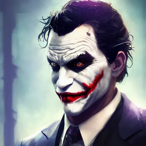 Image similar to highly detailed portrait joker bruce wayne gta v, stephen bliss, unreal engine, fantasy art by greg rutkowski, loish, rhads, ferdinand knab, makoto shinkai and lois van baarle, ilya kuvshinov, rossdraws, tom bagshaw, global illumination, radiant light, detailed and intricate environment