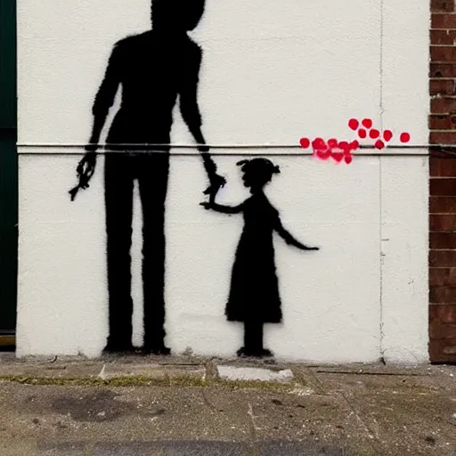 Image similar to a street art of thread connecting brother and sister by banksy