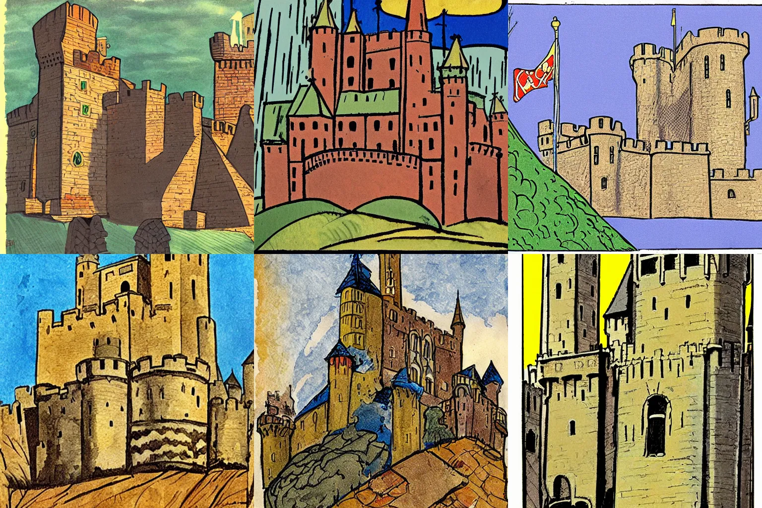 Prompt: medieval castle, colored, by Alex Toth