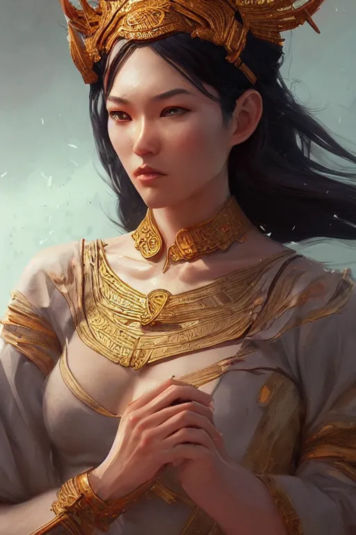 Image similar to goddess of the vietnamese, highly detailed, digital painting, artstation, concept art, smooth, sharp focus, illustration, unreal engine 5, 8 k, art by artgerm and greg rutkowski and edgar maxence