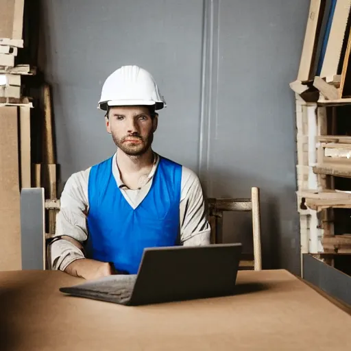 Image similar to a polaroid photo of man using a laptop inside in warehouse, he sitting on chair and small table, he's wearing blue cloth and construction hat, photo from behind, highly details, perfect face shape, cinematic lighting,