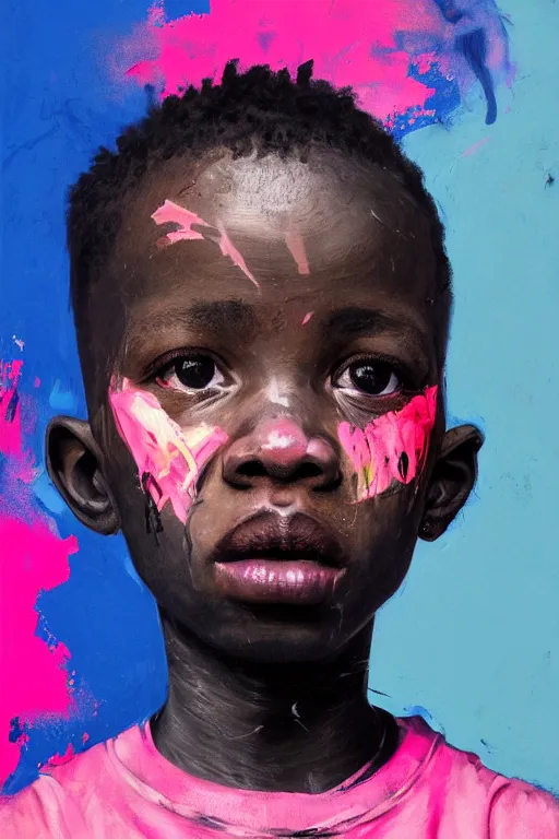 Image similar to portrait of a african young boy nor living in a death postapoliptic world, painted in acrylic, pigment, in the colors hot pink and cyan, beautiful realistic face, rule of thirds, soldier outfit, spotlight, by greg rutkowski, by jeremy mann, by francoise nielly, by van gogh, by ross tran, digital painting