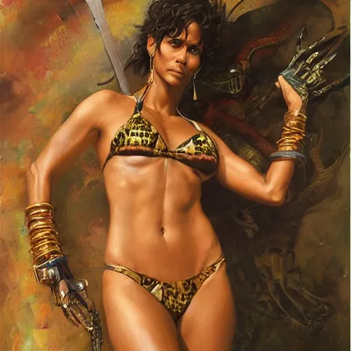 Image similar to highly detailed portrait of halle berry, d & d. wearing a bikini, art by donato giancola, eugene delacroix, ruan jia, carl larsson, peter mohrbacher. trending on artstation, intricate details, energetic composition, golden ratio, concept art, illustration, elegant art, global illuminaition