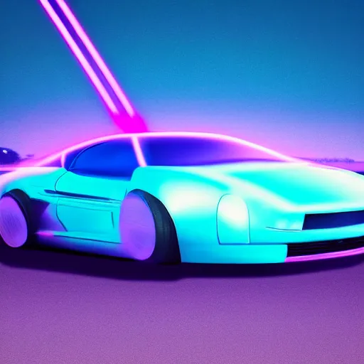 Image similar to synthwave poster of sports car in bland plains, with blue fog, purple fog, pink fog in the background and laser neon trims