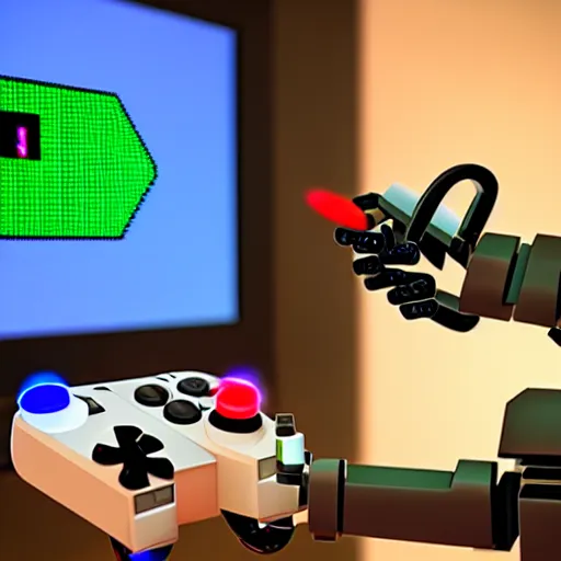 Prompt: a robot coding, on screen old video game shown, robot hold a controller