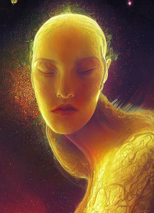 Prompt: a golden woman 2/3 figurative portrait, in space, head breaking apart and spiraling geometry into the sky upwards into another dimension, lazer light beaming down to top of her head, by moebius and Yoshitaka amano, painterly digital art