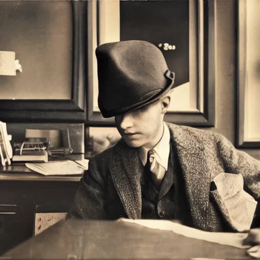 Prompt: cinematic, beautiful, ultra detailed, precise, award winning photo by saul leiter of an aristocrat animal frog wearing a perfect suit and a perfect hat sitting behind a perfect victorian desk, 1 9 4 0 s, vintage photography