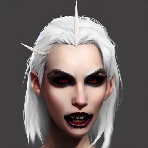 Image similar to Young woman, white hair, black eyes, sharp teeth, pointy ears, pale skin, trending on artstation