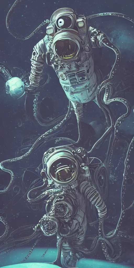 Prompt: eldritch astronaut with tentacles, retrofuturism, atompunk, dynamic composition, dramatic lighting, hyperrealistic, ultra detailed, nitro colors