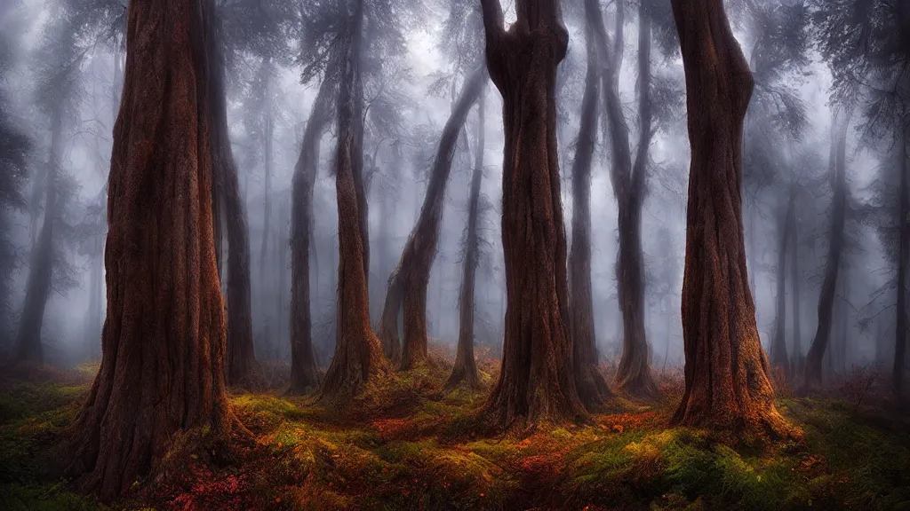 Image similar to incredible trees in a forest marc adamus, beautiful dramatic lighting