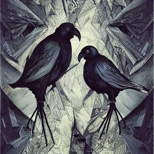 Prompt: a simple crow painting by Android Jones and M. C. Escher collaboration