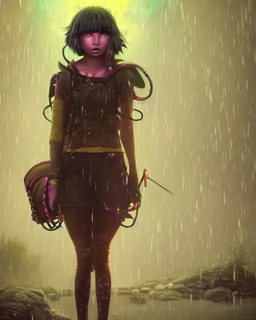 Prompt: An epic fantasy comic book style portrait painting of a very beautiful imposing Industrial goth Dora The Explorer in the rain, wet hair, neon reflections, character design by Mark Ryden and Pixar and Hayao Miyazaki, unreal 5, DAZ, hyperrealistic, octane render, cosplay, RPG portrait, dynamic lighting, intricate detail, cinematic