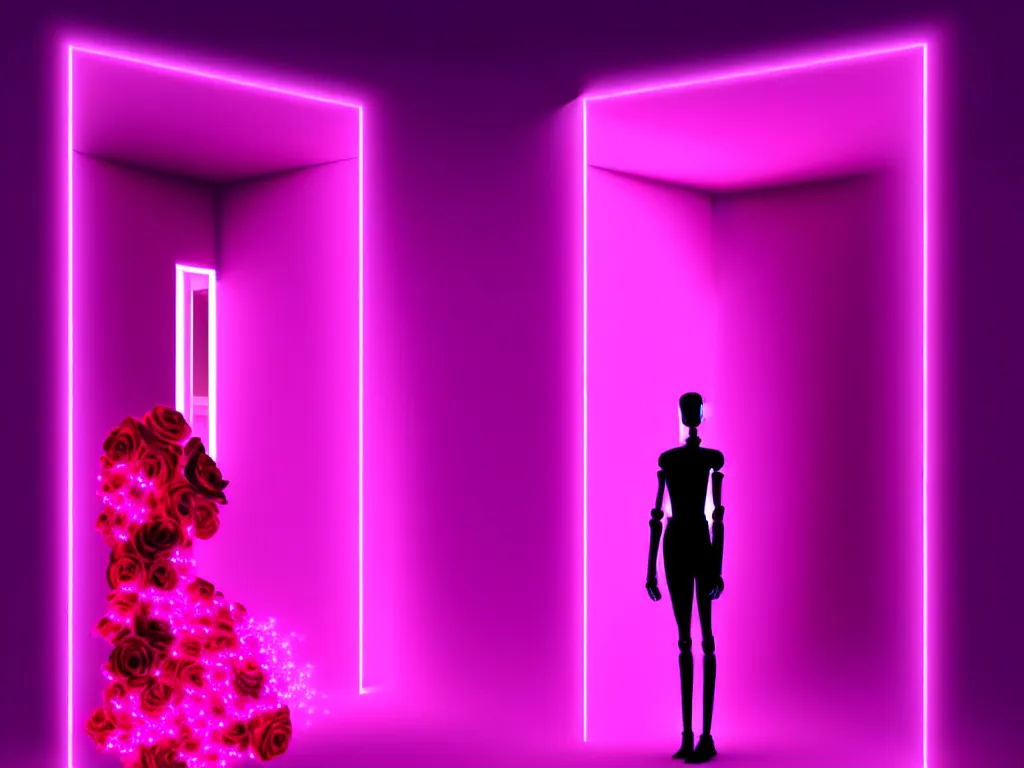 Prompt: beautiful tall robot facing a doorway opening with neon pink geometric fractal light + roses made of black glass + a portal to a vaporwave world, transcendent, clean linework, dramatic, finely detailed, 4 k, trending on artstation, photorealistic, volumetric lighting, octane render