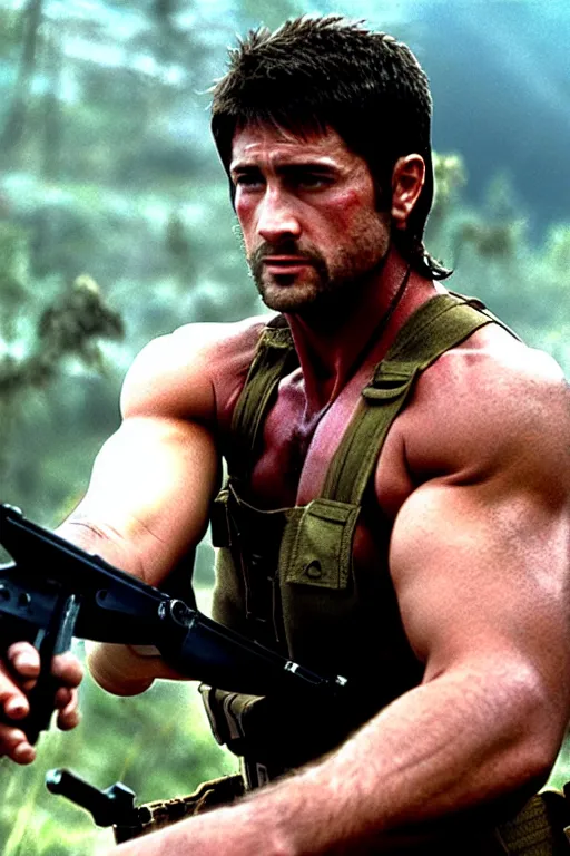 Image similar to still from the movie rambo of chris redfield, directed by steven spielberg