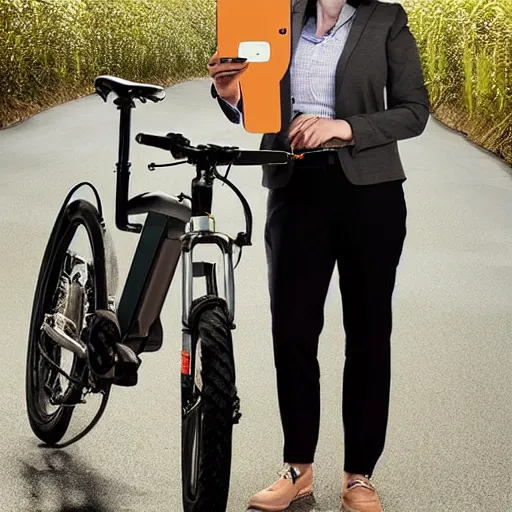 Prompt: angry big-nosed office coworker with stress veins on forehead holding an iphone, married to a short wife and owns an ebike