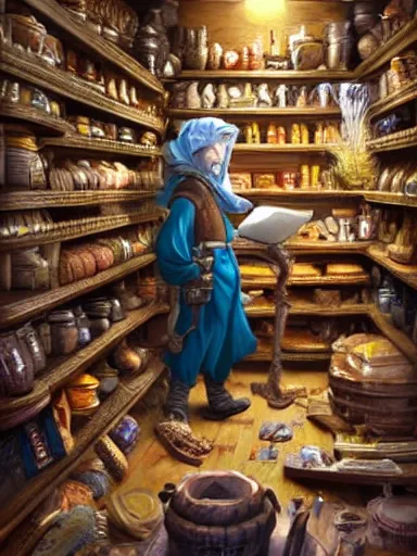 Image similar to a merchant looking for an item in a really messy shelf, full of different trinkets. intricate, elegant, highly detailed, digital painting, artstation, concept art, sharp focus, illustration, by justin gerard and artgerm, 8 k