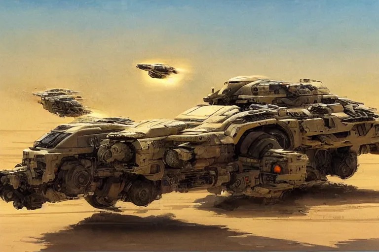 Image similar to a futuristic troop transport with eight wheels and a huge laser cannon on top driving across a vast desert, painting by john berkey