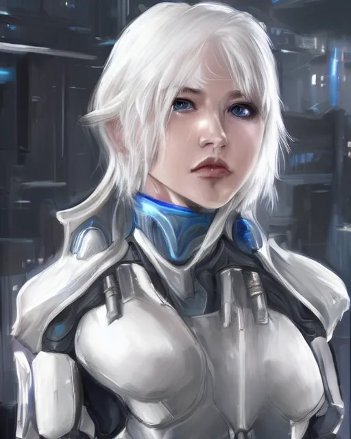 Image similar to perfect white haired girl, warframe armor, beautiful, dreamy, pretty face, blue eyes, portrait, detailed, scifi, utopian architecture in the background, laboratory, 4 k, ultra realistic, aura of light, cinematic, high detail, masterpiece, art by akihito tsukushi, akasuki brightmind