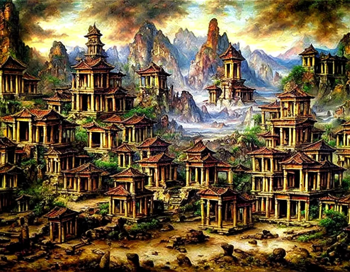 Image similar to hyper realistic detailed oil painting of ancient forgotten town of shangrila, 8 k ultra hd, sharp focus, by jan matejko