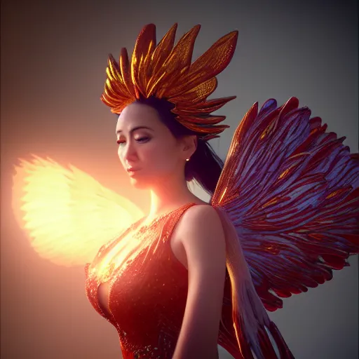 Image similar to a beautiful orchid phoenix angel woman, in an ornamented dress with large wings, photorealism, octane, unreal engine, volumetric light, god rays, 8 k high resolution, rubies