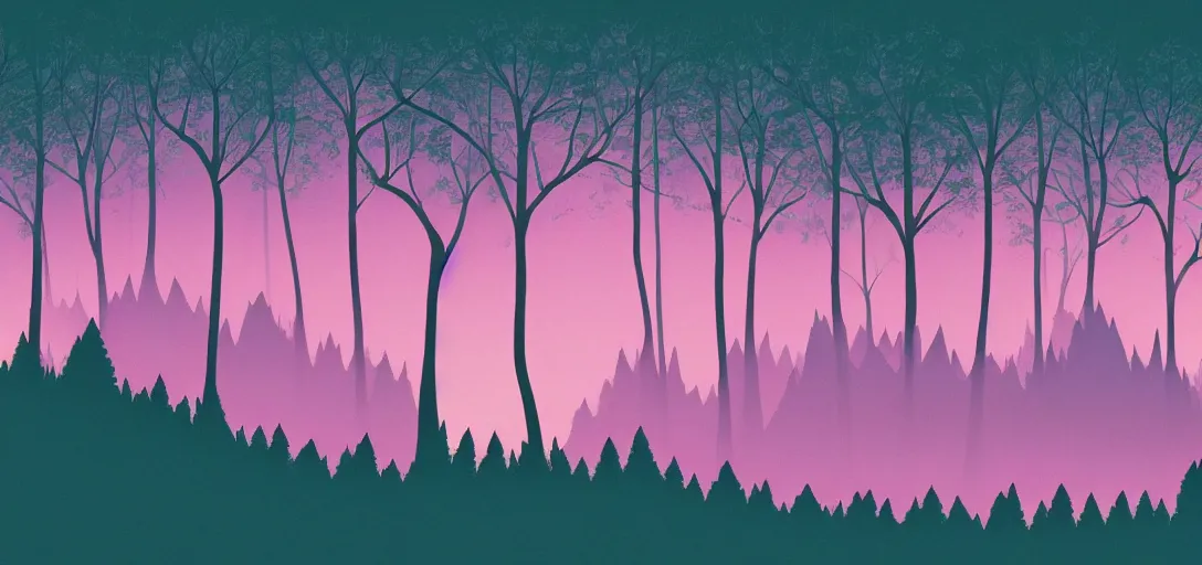 Prompt: a forested landscape, large hanging tree canopies, pink light on the horizon, mountains, vast foliage, by eyvind earle, volumetric lighting, flat color