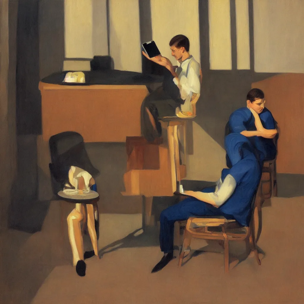 Prompt: i, a portrait of a young man sitting on a chair playing his iphone, by edward hopper