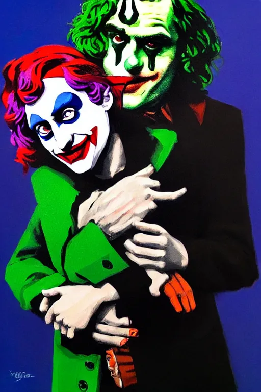 Image similar to ilya yefimovich repin and mimmo rottela and banksy as joaquin phoenix skinny joker, holding hand, lady gaga harley queen, ultra photorealistic, intricate details, pop art style, concept art, confident posse, random object details, 3 colours, warm color, 4 k, ultra smooth, sharp focus