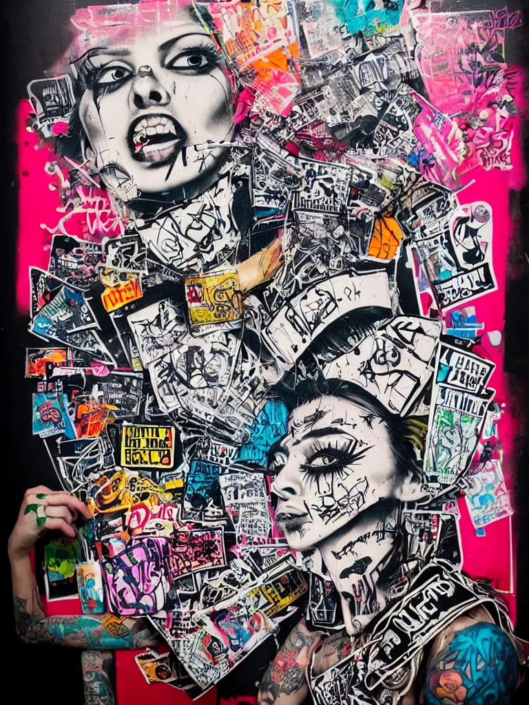 Image similar to a multilayered mixed media street art on paper bursting with nostalgic pop culture references, punk and graffiti symbols and tattoo designs, sharp details and in focus, high resolution, flat evenly lit background, art by stikki peaches