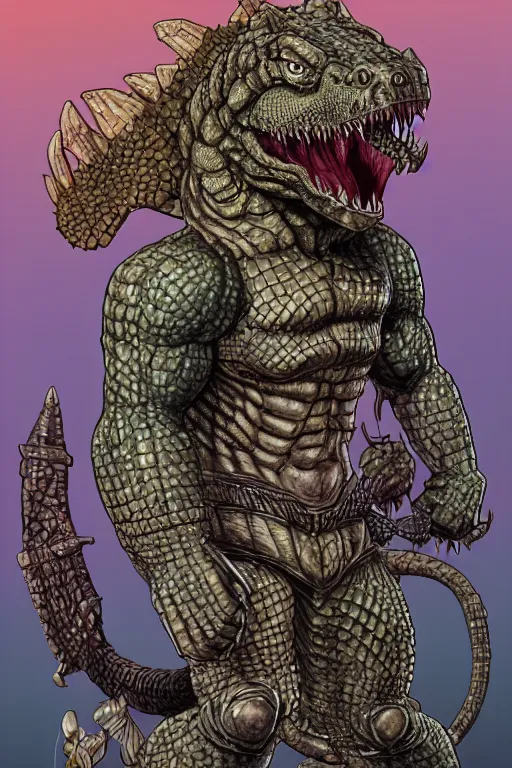 Image similar to portrait of a muscular crocodile man barbarian, furry art, fursona, anthro, detailed scales, akira toriyama