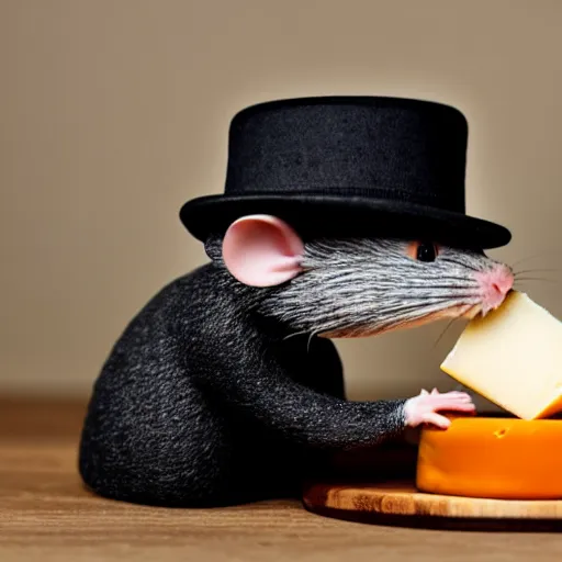 Image similar to a rat wearing a bowler hat eating cheese. sigma 5 0 mm f / 1. 4