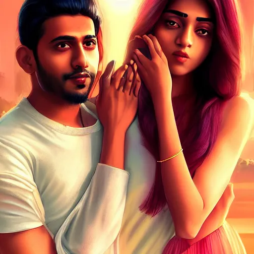 Image similar to theatrical press release ; indian young male and female couple sharing one heart ; stunning digital artwork by artgerm ; cinematic movie pose ; photorealistic, hyperrealistic, dramatic soft rim light ; highly detailed ; face by wlop ; trending on artstation ; cinematography from music video ; symmetrical, high coherence