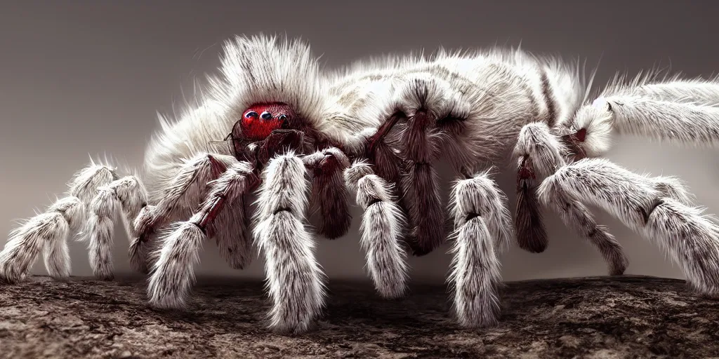 Image similar to white tarantula spider with red eyes, white background, fur, very realistic, highly detailed, hyperrealism, photo, by greg rutkowski, cinematic, dynamic lighting, octane render