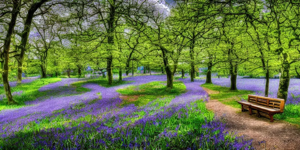 Prompt: scenery wallpaper, stylized, unsettling, and brilliantly colorful, haunted, dream-like, emotional, dramatic, romantic landscape, a park filled with banks of bluebell flowers and a couple benches, containing a lake surrounded by a cobblestone walking path and crossed by a big beautiful sinuous bridge, a few small shops here and there