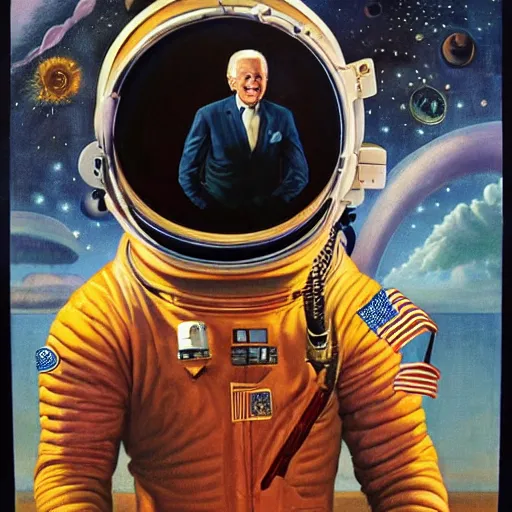 Image similar to surreal portrait of joe biden as psychedelic 1 9 2 0 s astronaut, by j. c. leyendecker, bosch, alex grey, jon mcnaughton, and beksinski