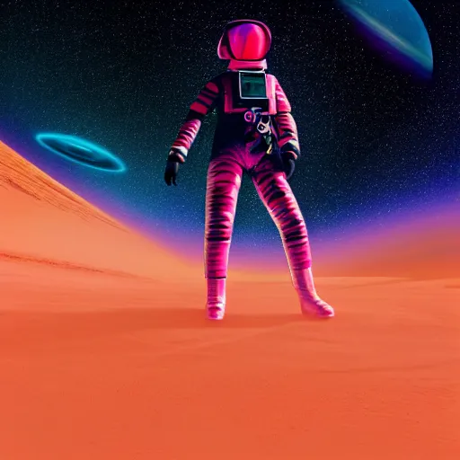 Image similar to A wide angle shot from below of a female astronaut with a feminine body walking with swagger towards camera on mars in an infinite universe , synthwave digital art